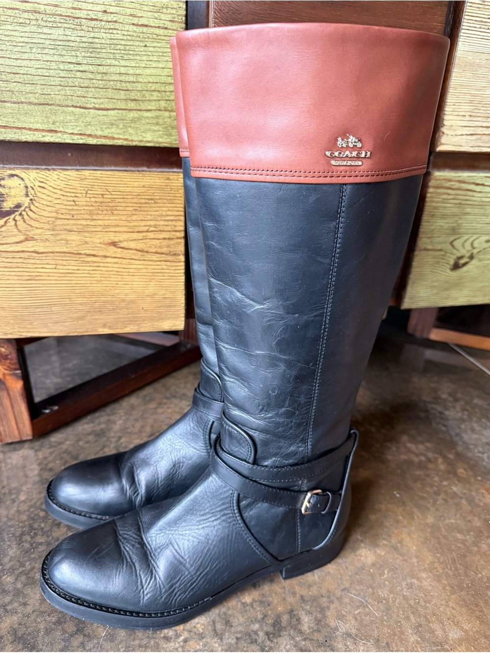 Vintage Coach Black Leather Riding Boots with Brown Cuff, beautiful, 10B